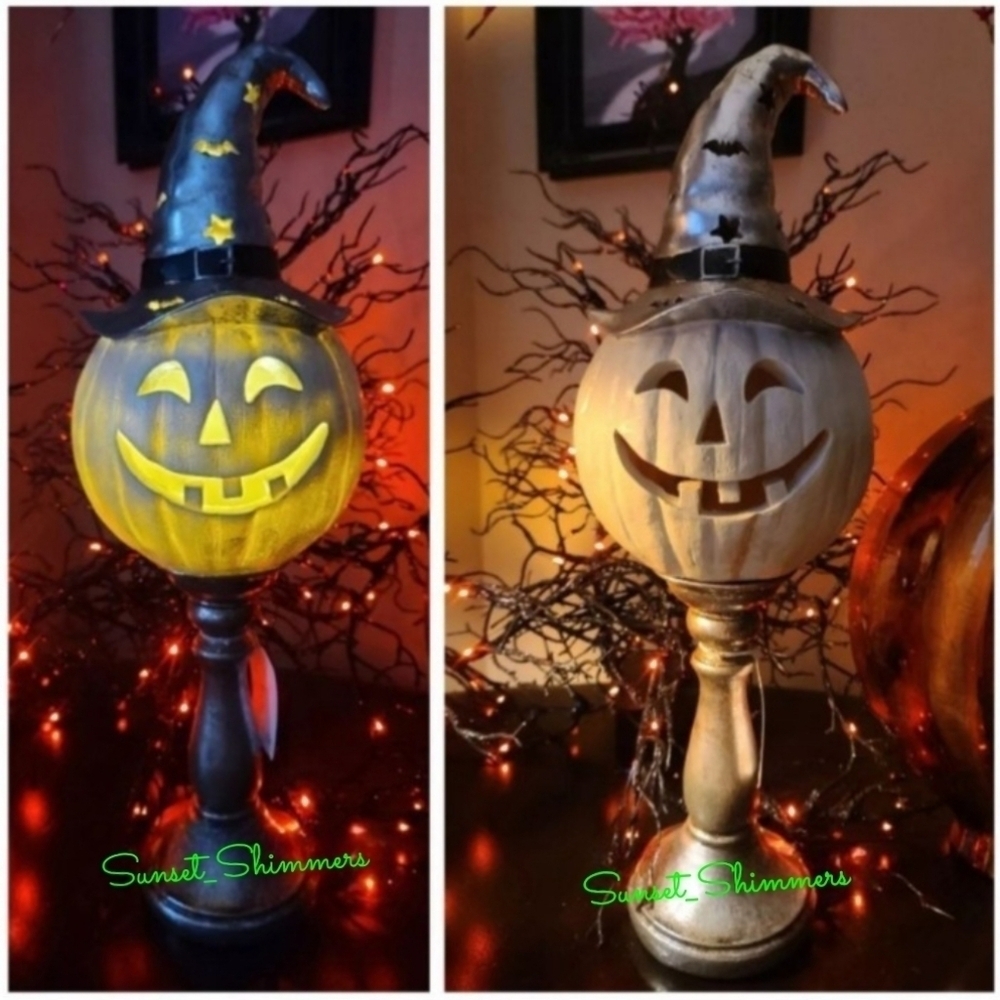 WHITE Jack PUMPKIN HEAD Witch Hat Bats LIGHT UP HALLOWEEN 20" PEDESTAL Lamp New